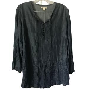 Cold Water Creek Blouse Top Tunic Petite Small Womens Denim Embroidered Detail